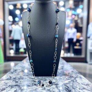 Silver Tone‎ Rope Chain Necklace Iridescent Blue Beads Layered Look Statement